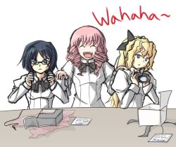  3girls :&lt; ^_^ black_bow black_bowtie blind blonde_hair blouse blue_eyes blue_hair bow bowtie box camera closed_eyes commentary cousins cyzir_visheen deaf drill_hair english_commentary glasses hakamichi_shizune headphones irony katawa_shoujo laughing long_hair mikado_shiina multiple_girls open_mouth photoshop_(medium) pink_hair ponytail quad_drills satou_lilly school_uniform shirt short_hair twin_drills white_shirt yamaku_high_school_uniform you&#039;re_doing_it_wrong 