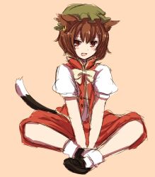  animal_ears bad_id bad_pixiv_id blush brown_hair cat_ears cat_tail chen earrings female hat jewelry oerba_yun_fang open_mouth orange_eyes puffy_sleeves short_hair short_sleeves sitting solo tail touhou tsukiori 