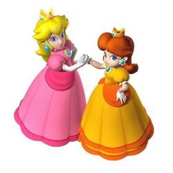  2girls 3d blonde_hair brown_hair looking_at_viewer lowres mario_(series) mario_party multiple_girls official_art orange_hair princess_daisy princess_peach super_mario_bros. super_mario_land 