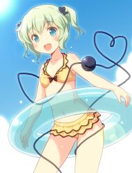  :d alternate_hairstyle bikini blue_eyes blush commentary_request female flat_chest green_hair hair_ornament heart innertube komeiji_koishi navel open_mouth short_hair smile solo swim_ring swimsuit third_eye touhou twintails yamasan yellow_bikini 