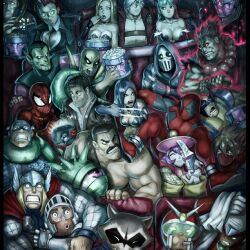  5girls 6+boys akuma_(street_fighter) alternate_costume breasts camera capcom captain_america cigarette cleavage clenched_teeth closed_mouth collarbone commentary crimson_viper crossover dante_(devil_may_cry) dead_rising deadpool deadpool_(series) devil_may_cry_(series) doctor_strange english_commentary everyone expressionless facial_hair felicia_(vampire) final_fight food frank_west from_below guardians_of_the_galaxy helmet joe_vriens lei_lei looking_at_viewer makaimura marvel marvel_cinematic_universe marvel_vs._capcom marvel_vs._capcom_3 medium_breasts mega_man_(series) mega_man_x_(series) mike_haggar morrigan_aensland moustache multiple_boys multiple_crossover multiple_girls muscular open_mouth popcorn raccoon rocket_raccoon sentinel_(x-men) shuma_gorath sir_arthur_(makaimura) sleeping spider-man spider-man_(series) steve_rogers street_fighter strider_(video_game) strider_hiryuu super-skrull superhero_costume taskmaster teeth thor_(marvel) trish_(devil_may_cry) vampire_(game) viewtiful_joe viewtiful_joe_(character) wolverine_(x-men) x-23 x-men zero_(mega_man) 