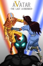  2boys aang avatar:_the_last_airbender avatar_legends bald blue_eyes brown_eyes brown_hair capelet commentary_request cover dancing dark_skin dual_persona female glowing glowing_eyes katara long_hair multiple_boys photoshop_(medium) renirevenge tattoo watermark 