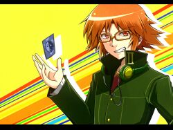  1boy brown_eyes brown_hair card commentary_request glasses grin hanamura_yousuke headphones headphones_around_neck letterboxed male_focus persona persona_4 school_uniform smile solo sora_no_amagumo upper_body 