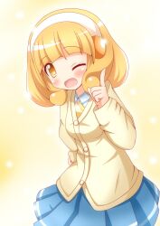  blonde_hair cardigan commentary_request female hairband highres nanairogaoka_middle_school_uniform one_eye_closed precure school_uniform short_hair skirt smile_precure solo white_hairband xenon_(for_achieve) yayoi_kise yellow_background yellow_eyes 