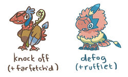  animal_focus archen bird character_name commentary english_commentary english_text farfetch&#039;d full_body fusion multiple_fusions no_humans pokemon pokemon_(creature) rufflet simple_background standing white_background yoshida_nina 