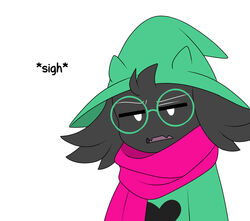  2018 black_body black_fur bovid caprine clothed clothing cute_fangs darkner deltarune dialogue digital_media_(artwork) disappointed eyewear friisans fur glasses goat hat headgear headwear heart_clothing heart_print heart_symbol heart_topwear hi_res male mammal print_clothing print_topwear ralsei reaction_image scarf sigh simple_background solo text topwear undertale_(series) white_background 