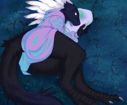  anthro black_body black_fur claws clothed clothing digital_media_(artwork) dragon female fur hair iridescent iridescent_hoodie mythological_creature mythological_scalie mythology night_sky_body scalie softdilo solo tail white_eyes white_hair 