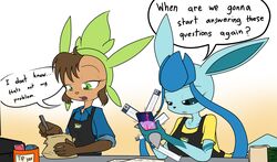  2017 anthro apron big_breasts blue_body blue_fur blue_hair breasts brown_body brown_fur brown_hair chespin clothing dialogue digital_media_(artwork) duo eeveelution electronics english_text eyelashes female fingers fur galia_(sandwich-anomaly) generation_4_pokemon generation_6_pokemon glaceon green_eyes hair hybrid leina_(sandwich-anomaly) lucario mammal multicolored_body multicolored_fur nintendo phone pokemon pokemon_(species) sandwich-anomaly simple_background standing tan_body tan_fur teal_eyes teal_sclera teeth text work_uniform 