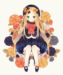  abigail_williams_(fate) bad_id bad_twitter_id beret black_bow black_dress black_flower black_footwear black_hat black_rose blonde_hair bloomers blue_eyes blush bow brown_flower brown_rose bubble_skirt closed_mouth commentary dress fate/grand_order fate_(series) female floral_background flower footwear_bow forehead full_body green_eyes grey_flower grey_rose hair_ornament hairbow hat highres invisible_chair knees_together_feet_apart leaf long_hair long_sleeves looking_at_viewer mary_janes mimo_lm multiple_hair_bows orange_bow orange_flower orange_rose parted_bangs polka_dot polka_dot_bow red_flower red_rose rose rose_background shoes simple_background sitting skirt sleeves_past_fingers sleeves_past_wrists solo stuffed_animal stuffed_toy teddy_bear underwear very_long_hair white_background white_flower white_rose yellow_flower yellow_rose 