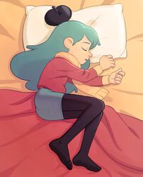  bed_sheet beret black_hat black_pantyhose blanket blue_hair closed_eyes female full_body hat highres hilda_(hilda) hilda_(series) long_hair lying mangamaster on_side pantyhose pillow red_sweater scarf skirt sleeping solo sweater 