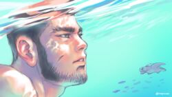  1boy bara beard black_hair buzz_cut close-up dappled_sunlight facial_hair fish goatee_stubble golden_kamuy hairy long_sideburns looking_ahead male_focus mature_male nopinzo nude parted_lips short_hair sideburns solo stubble sunlight swimming tanigaki_genjirou thick_eyebrows underwater very_short_hair 