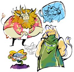  anthro asgore_dreemurr beard bovid canid canine caprine clothed clothing facial_hair felid feline flower flowey_the_flower goat group hair hi_res its3oe mammal open_mouth plant simple_background tem temmie_(undertale) toriel undertale undertale_(series) white_body 