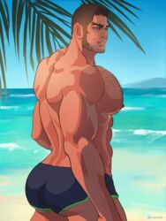  1boy abs arm_hair ass bara beach beard black_hair black_male_swimwear bulge buzz_cut chest_hair facial_hair feet_out_of_frame goatee_stubble golden_kamuy hairy huge_ass huge_pectorals leg_hair long_sideburns looking_to_the_side male_focus male_swimwear mature_male muscular muscular_male nipples nopinzo ocean outdoors pectorals sand short_hair sideburns solo standing strongman_waist stubble sunlight swim_briefs tanigaki_genjirou thick_eyebrows topless_male very_short_hair water 