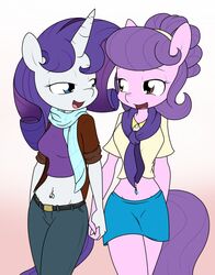  2017 accessory anthro big_breasts blue_eyes bottomwear breasts brown_eyes clothing coat crop_top denim denim_bottomwear denim_clothing digital_media_(artwork) duo equid equine eyelashes female female/female fingers friendship_is_magic fur furgonomics hair hand_holding hasbro headband horn horse jeans looking_at_another mammal midriff my_little_pony mythological_creature mythological_equine mythology navel navel_pendant navel_piercing pants piercing pink_body pink_fur pony purple_hair rarity_(mlp) sandwich-anomaly scarf shirt simple_background skirt smile standing suri_polomare_(mlp) tail tail_through_skirt tongue topwear unicorn white_background white_body white_fur 