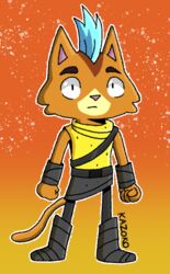  anthro belt black_eyes blue_hair boots bottomwear clothing conditional_dnp domestic_cat felid feline felis final_space footwear fur hair kazoko_(artist) little_cato male mammal mohawk orange_background orange_body orange_fur pants pink_nose simple_background sleeveless_turtleneck solo standing ventrexian young 