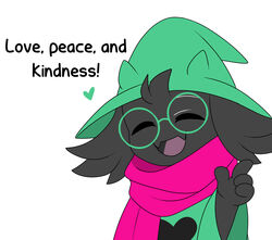  2018 black_body black_fur bovid caprine clothed clothing cute_fangs darkner deltarune dialogue digital_media_(artwork) english_text eyewear friisans fur glasses goat happy heart_clothing heart_print heart_symbol heart_topwear hi_res male mammal print_clothing print_topwear ralsei scarf simple_background solo text topwear undertale_(series) white_background 