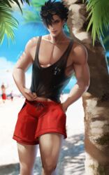  1boy artist_name bara beach black_hair black_tank_top blue_sky brown_eyes cloud day eyewear_on_head haikyuu!! hand_in_pocket highres jewelry kuroo_tetsurou large_pectorals looking_at_viewer lumi_ja male_focus male_swimwear muscular muscular_male necklace outdoors paid_reward_available parted_lips pectorals red_male_swimwear short_hair sky solo sunglasses tank_top 