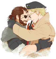  2boys beard beret black_gloves blonde_hair blue_eyes brown_hair coat commentary_request couple eyepatch facial_hair fingerless_gloves from_side gloves hat hug katou_setsuko kazuhira_miller long_sleeves looking_at_another male_focus mature_male mechanical_arms metal_gear_(series) metal_gear_solid_v:_the_phantom_pain multiple_boys parted_lips ponytail prosthesis prosthetic_arm scar scar_on_cheek scar_on_face scar_on_nose short_hair simple_background single_mechanical_arm smile stubble sunglasses venom_snake white_background yaoi 