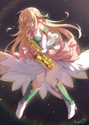  alto_saxophone artist_name bare_shoulders binato_lulu blonde_hair bow braid breasts closed_eyes commission dress female french_braid gloves hair_ornament hair_ribbon instrument long_hair medium_breasts neptune_(series) ribbon saxophone short_hair side_slit sleeveless sleeveless_dress vert_(neptunia) 