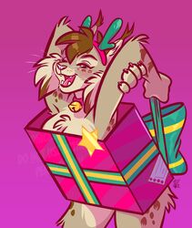  anthro antlers bell box canadian_lynx christmas collar container felid feline female gift gift_box gift_wrapped holidays horn in_box in_container lynx mammal meme nicnak044 nicole_(nicnak044) person_as_gift person_present pinup pose ribbons solo 