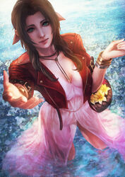  absurdres aerith_gainsborough backlighting blue_eyes bow bracelet breasts choker cleavage commentary cropped_jacket downblouse dress english_commentary female final_fantasy final_fantasy_vii final_fantasy_vii_remake flower flower_basket highres jacket jewelry lips long_dress looking_at_viewer monori_rogue nose outstretched_hand photoshop_(medium) pink_bow pink_dress red_jacket ribbon_choker small_breasts solo standing tri_drills wading water 