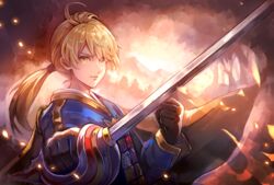  1boy 60mai black_gloves blonde_hair clenched_hand closed_mouth commentary final_fantasy final_fantasy_tactics gloves hair_over_eyes holding holding_sword holding_weapon light_particles long_hair looking_at_viewer male_focus mountain outdoors ponytail ramza_beoulve solo sword tree upper_body weapon yellow_eyes 