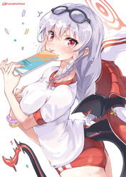  ass blue_archive blush bracelet braid braided_ponytail breasts buruma demon_tail demon_wings female grey_hair gym_uniform halo haruna_(blue_archive) haruna_(track)_(blue_archive) jacket jewelry large_breasts long_hair looking_at_viewer official_alternate_costume pantylines red_buruma red_eyes red_jacket shirt short_sleeves smile solo super_zombie tail tongue tongue_out track_jacket white_shirt wings 