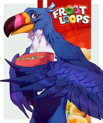  anthro avian beak big_beak bird blue_body blue_feathers cereal cereal_mascot feathers food froot_loops hi_res kellogg&#039;s male mascot solo toucan toucan_sam xurryls 