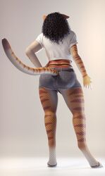  3d_(artwork) absurd_res anthro black_hair bottomwear clothing collar curled_hair digital_media_(artwork) domestic_cat eyewear felid feline felis fishnet_clothing fishnet_legwear fur glasses green_eyes hair hand_on_hip hi_res legwear mammal orange_body orange_fur pawpads rinny rinny_(character) shorts solo standing stripes tabby_cat trans_(lore) trans_woman_(lore) 