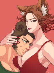  1boy alternate_costume animal_ears bear_ears beard black_hair breasts brown_hair buzz_cut chest_hair_peek cleavage commentary_request couple dress eyelashes eyeshadow face_to_breasts facial_hair female fox_ears goatee_stubble golden_kamuy hand_on_another&#039;s_head inkarmat kemonomimi_mode large_breasts large_pectorals light_blush long_sideburns looking_at_viewer makeup mature_male muscular muscular_male nopinzo pectoral_cleavage pectorals red_dress red_lips red_nails seductive_smile short_hair sideburns smile stubble tanigaki_genjirou thick_eyebrows very_short_hair wide-eyed 