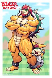  2:3 abs anthro beard big_muscles bowser bowser_day bowser_jr. bracelet collar crossed_arms duo facial_hair father_(lore) father_and_child_(lore) father_and_son_(lore) featureless_crotch hair hi_res horn jewelry koopa legband male mario_bros muscular muscular_anthro muscular_legs muscular_male nintendo parent_(lore) parent_and_child_(lore) parent_and_son_(lore) red_hair reptile scalie shell son_(lore) spiked_bracelet spiked_collar spiked_legband spiked_shell spikes spikes_(anatomy) standing wolfiecanem 