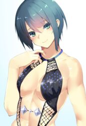  aqua_eyes black_one-piece_swimsuit blue_background blue_hair blush breasts casual_one-piece_swimsuit center_opening cleavage closed_mouth collarbone commentary_request dead_or_alive dead_or_alive_6 dead_or_alive_xtreme female gradient_background hand_on_own_chest highres looking_at_viewer medium_breasts nishisan_(mikurosu) one-piece_swimsuit short_hair smile solo swimsuit tamaki_(doa) toned upper_body 