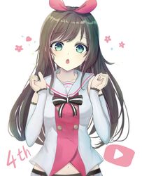  :o birthday black_hair blush bow breasts commentary_request detached_sleeves female flower_(symbol) green_eyes hair_ornament hands_up happy_birthday highres kizuna_ai kizuna_ai_inc. long_hair looking_at_viewer navel nekonosuke open_mouth simple_background small_breasts solo virtual_youtuber white_background youtube_logo 