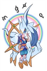  akari_(pokemon) arceus black_hair female forehead-to-forehead head_scarf heads_together highres horns japanese_clothes looking_up mangoshake official_alternate_costume pokemon pokemon_(creature) pokemon_legends:_arceus rainbow sarashi simple_background unown unown_e unown_j unown_q unown_x 