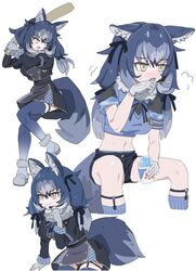  adapted_costume animal_ears bat_(animal) big_hair black_dress black_shorts blue_bow blue_bowtie blue_hair blue_shirt blue_socks blush bow bowtie crop_top dire_wolf_(kemono_friends) dress female food fur_collar fur_trim garter_straps gloves grey_hair hairbow highres japari_symbol kemono_friends kemono_friends_v_project kunikuni_(kunihiro2005) legwear_garter long_hair long_sleeves microphone midriff multicolored_hair multiple_views navel plaid_trim shaved_ice shirt short_shorts short_sleeves shorts sitting socks spoon sweatdrop tail thighhighs virtual_youtuber white_gloves wolf_ears wolf_girl wolf_tail yellow_eyes zettai_ryouiki 