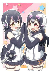  2girls african_penguin_(kemono_friends) black_gloves black_hair doughnut eating food gloves hachikuji_kenuta highres humboldt_penguin_(kemono_friends) kemono_friends kemono_friends_v_project long_hair looking_at_viewer microphone multicolored_hair multiple_girls shirt short_hair simple_background skirt smile virtual_youtuber white_shirt yellow_eyes 