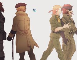  3boys ascot bandana beard belt beret big_boss black_gloves blonde_hair blue_butterfly blurry brown_hair bug butterfly cigar coat commentary_request crutch eyepatch facial_hair gloves hat implied_yaoi kazuhira_miller looking_at_animal male_focus metal_gear_(series) metal_gear_solid_v:_the_phantom_pain moustache multiple_boys mutsuki_(mutuki05) ponytail simple_background sunglasses symbolism talking venom_snake walking white_background yellow_ascot 