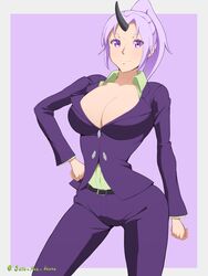  belt breasts cleavage female formal green_shirt hand_on_own_hip highres light_purple_hair looking_at_viewer office_lady oni pants ponytail purple_background purple_eyes purple_suit shion_(tensei_shitara_slime_datta_ken) shirt signature simple_background smile solo suit tensei_shitara_slime_datta_ken yukito_kitto 