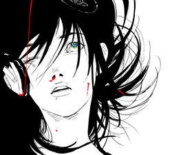  album_cover_redraw blood blood_in_hair blood_on_face bloodshot_eyes blue_eyes cable cheek_press commentary_request derivative_work female floating_hair hair_floating_upwards hair_over_eyes head_tilt headphones headphones_removed hori38917164 limited_palette long_hair looking_up mass_of_the_fermenting_dregs messy_hair nosebleed nostrils one_eye_closed open_mouth portrait ringed_eyes simple_background solo spot_color teeth two-tone_eyes yellow_eyes yellow_pupils 