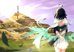  arms_behind_back back bare_shoulders black_dress bob_cut dress female green_hair highres honkai_(series) honkai_impact_3rd leaf mountainous_horizon nightang21 off-shoulder_dress off_shoulder outdoors purple_sky scarf short_hair short_sleeves sky solo wendy_(honkai_impact) white_scarf wind wings 