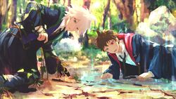  2boys absurdres ahoge black_cloak black_gloves blue_sweater brown_eyes brown_hair cloak collared_shirt commentary_request cosplay_request danganronpa_(series) danganronpa_2:_goodbye_despair forest gloves green_eyes green_neckwear grey_hair harry_potter highres hinata_hajime kneeling komaeda_nagito long_sleeves male_focus medium_hair multiple_boys nature necktie open_cloak open_clothes open_mouth outdoors plant shirt short_hair single_glove stone sweatdrop sweater tree two-sided_fabric vines wand water weapon white_shirt zhuo_ying 