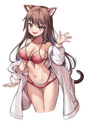  :d animal_ear_fluff animal_ears bare_shoulders bikini blush breasts cat_ears cat_girl cat_tail cleavage collarbone commentary cowboy_shot cropped_legs dated_commentary female front-tie_bikini_top front-tie_top greenapple halterneck hand_up highres jacket long_hair long_sleeves looking_at_viewer medium_hair navel oerba_yun_fang open_mouth original puffy_long_sleeves puffy_sleeves purple_eyes red_bikini simple_background skin_fang smile solo stomach swimsuit swimsuit_cover-up tail thigh_gap white_background white_jacket 