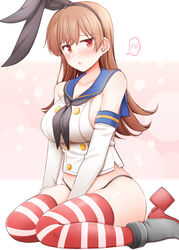  alternate_costume ass_visible_through_thighs black_hairband black_neckerchief black_panties blush breasts brown_eyes brown_hair commentary_request cosplay crop_top elbow_gloves female gloves gradient_background hair_ornament hairband highleg highleg_panties kantai_collection large_breasts long_hair looking_at_viewer neckerchief no_pants ooi_(kancolle) panties parted_lips revision rui_shi_(rayze_ray) sailor_collar school_uniform serafuku shimakaze_(kancolle) shimakaze_(kancolle)_(cosplay) sitting skirt solo spoken_blush striped_clothes striped_thighhighs thighhighs underwear wariza white_gloves 