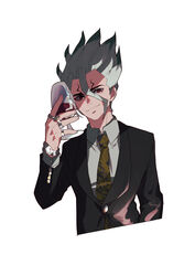  1boy absurdres alcohol black_suit brown_necktie commentary_request cracked_skin cup dr._stone drinking_glass formal highres holding holding_cup ishigami_senkuu jewelry kuroha_dayo long_sleeves looking_at_viewer male_focus necktie red_eyes ring simple_background solo spiked_hair suit upper_body watch white_background wine_glass wristwatch 