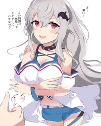  :d alternate_costume arknights bare_shoulders bikini black_choker blush breasts choker cleavage commentary_request crossed_arms female grey_hair hair_between_eyes hair_ornament highres large_breasts long_hair looking_at_viewer no_headwear official_alternate_costume open_mouth orca_hair_ornament raifu_(rf) red_eyes sidelocks sitting skadi_(arknights) skadi_(waverider)_(arknights) smile swimsuit thighs thumbs_up translated very_long_hair whale_hair_ornament white_background 