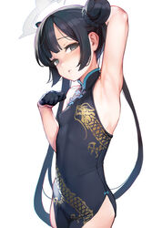  armpits ataruman black_dress black_gloves black_hair blue_archive blush braid braided_bun breasts china_dress chinese_clothes covered_navel double_bun dragon_print dress female gloves grey_halo hair_bun halo highres kisaki_(blue_archive) looking_at_viewer pelvic_curtain print_dress sleeveless sleeveless_dress small_breasts solo twintails white_background 