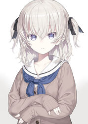  black_ribbon blue_neckerchief brown_cardigan capriccio cardigan closed_mouth collarbone commentary female gradient_background grey_background hair_between_eyes hair_ribbon light_brown_hair long_sleeves looking_at_viewer mashiro_icone neckerchief original purple_eyes ribbon sailor_collar school_uniform serafuku shirt sleeves_past_wrists solo two_side_up upper_body white_background white_sailor_collar white_shirt 