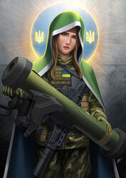  assault_rifle backlighting brown_hair bullpup camouflage camouflage_pants camouflage_shirt christianity cloak coat_of_arms cosplay female fgm-148_javelin gloves green_cloak green_gloves green_robe green_shawl gun halo halo_behind_head highres holding holding_rocket_launcher holding_weapon kalashnikov_rifle lips long_hair looking_at_viewer malyuk okita original pants realistic red_eyes rifle robe rocket_launcher russo-ukrainian_war saint shirt solo st._javelin tryzub ukrainian_flag veil virgin_mary virgin_mary_(cosplay) weapon 