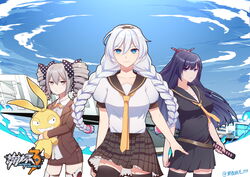  3girls 7t absurdres black_legwear blue_eyes blue_sky bow bowtie braid bronya_zaychik bronya_zaychik_(wolf&#039;s_dawn) brown_jacket brown_shorts brown_skirt closed_mouth cloud cloudy_sky doll drill_hair grey_eyes grey_hair hairbow headband highres holding holding_doll holding_sword holding_weapon homu_(honkai_impact) honkai_(series) honkai_impact_3rd jacket katana kiana_kaslana long_hair long_sleeves multiple_girls neckerchief official_art orange_bow orange_bowtie outdoors ponytail purple_eyes purple_hair purple_shirt purple_skirt raiden_mei school_uniform shirt short_sleeves shorts skirt sky smile sword thighhighs twin_braids twin_drills weapon white_hair white_shirt yellow_neckerchief 