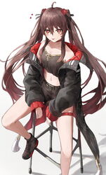  :p ahoge belt belt_buckle black_belt black_jacket brown_camisole brown_hair brown_shorts buckle camisole casual collarbone colored_tips crop_top ebiri_fy female flower flower-shaped_pupils genshin_impact gradient_hair hair_flower hair_ornament hair_ribbon highres hu_tao_(genshin_impact) jacket long_hair looking_at_viewer midriff multicolored_hair navel off_shoulder red_eyes red_hair ribbon shoes shorts sitting sneakers solo stomach stool symbol-shaped_pupils tassel thigh_strap thighs tongue tongue_out twintails 